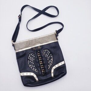 Miss Me Black & Gold Crossbody Purse Angel Wings Rhinestones Faux Leather